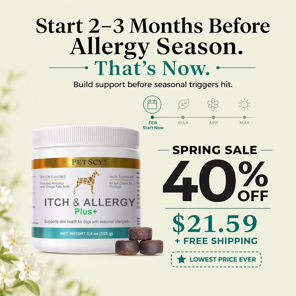 This 1:1 square creative uses a timely seasonal alert to drive immediate action for a pet supplement, leveraging a clear discount and product imagery.